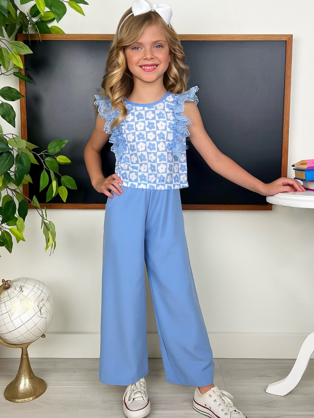Blue Bloom Lace Flutter Top & Wide Leg Pant Set