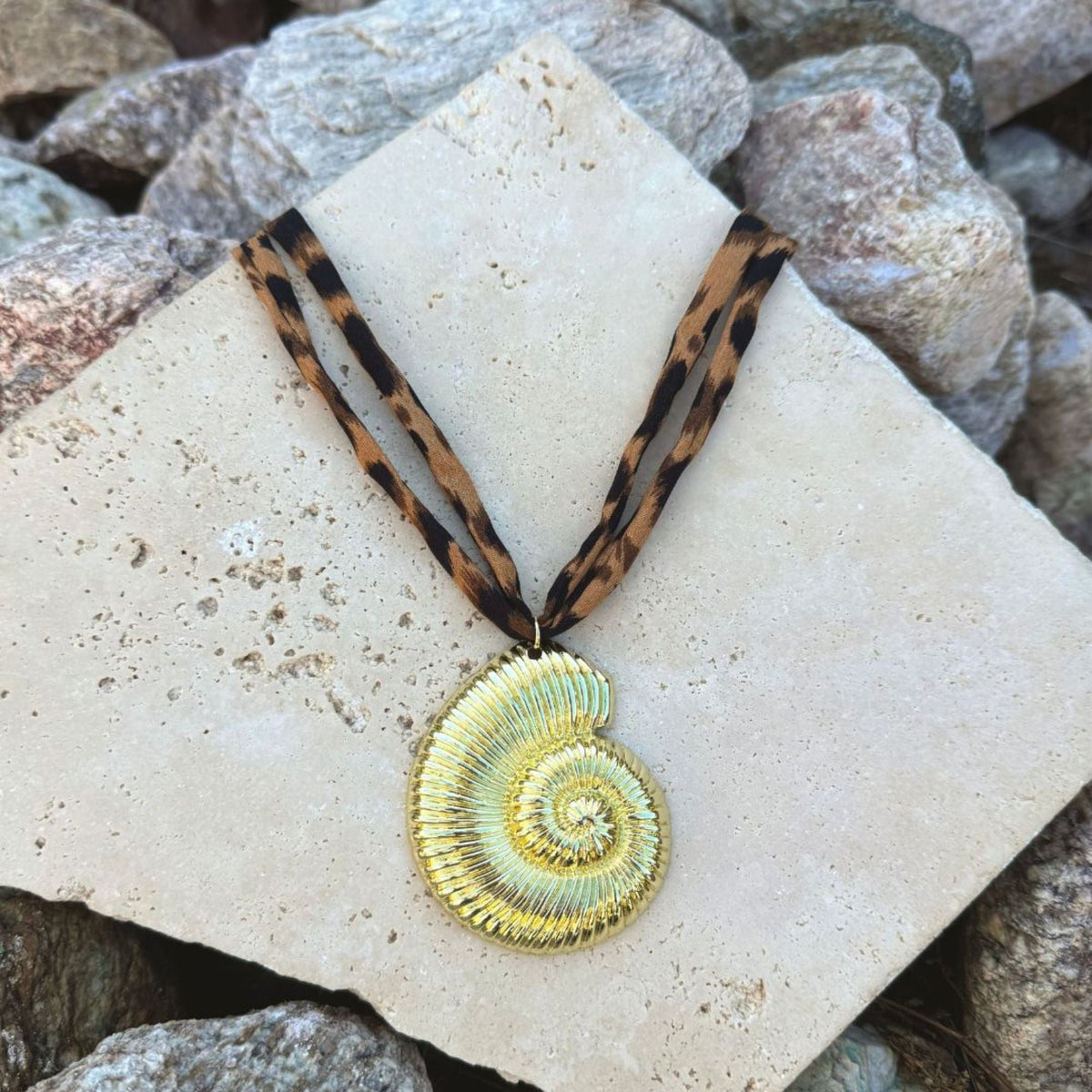 Gold Shell on Leopard Print Adjustable Necklace