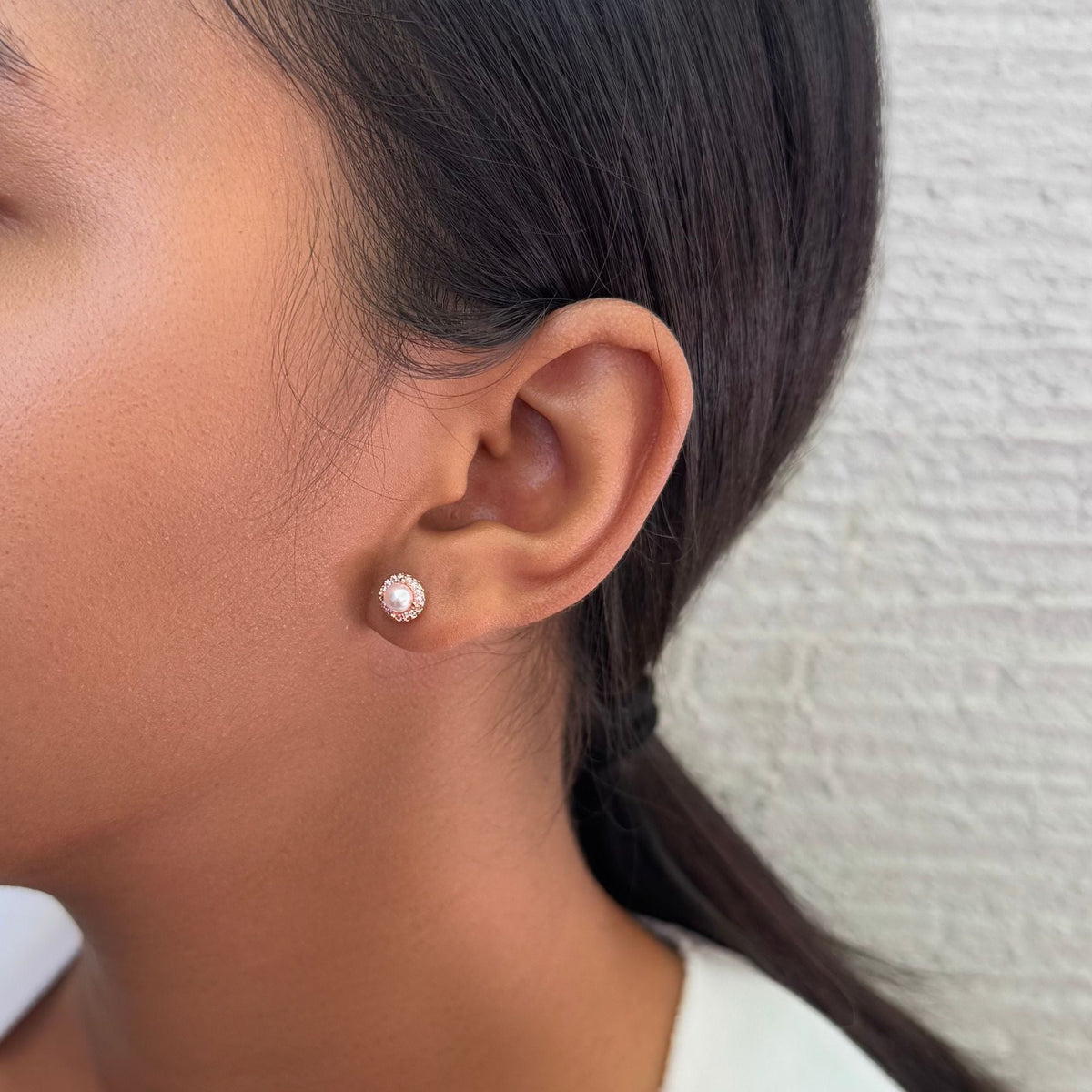 14k Rose Gold Plated Freshwater Pearl CZ Halo Stud Earrings