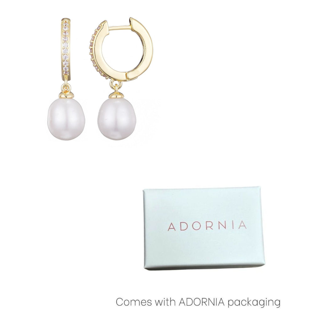 14k Gold Plated CZ Huggie Hoop Earrings with Freshwater Pearl Drop