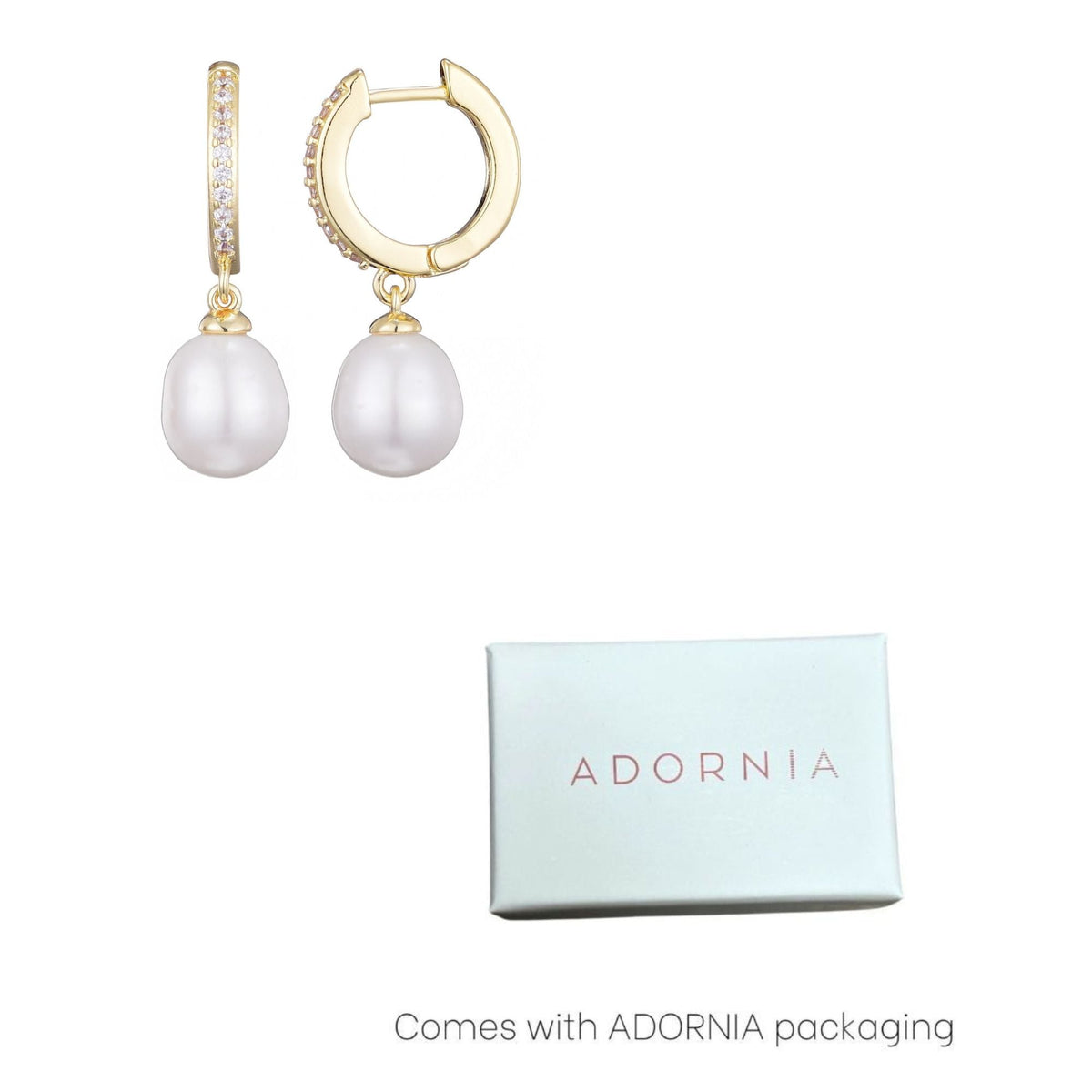 14k Gold Plated CZ Huggie Hoop Earrings with Freshwater Pearl Drop