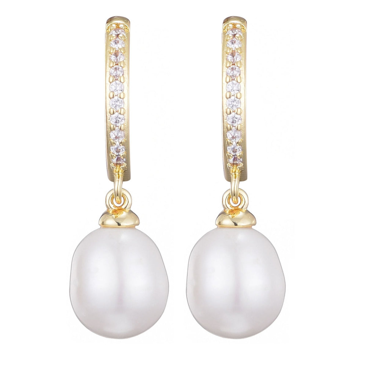 14k Gold Plated CZ Huggie Hoop Earrings with Freshwater Pearl Drop