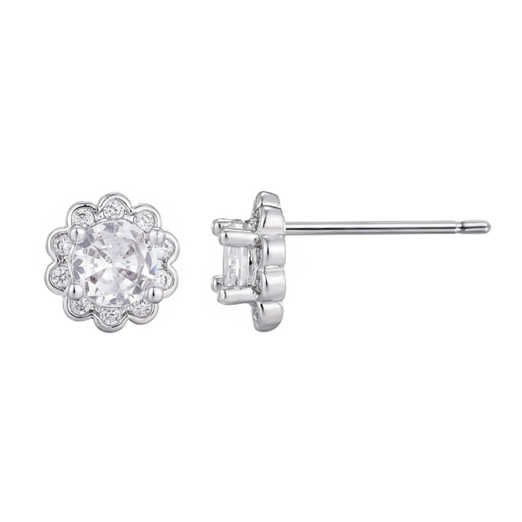 Silver Plated Floral Halo CZ Stud Earrings