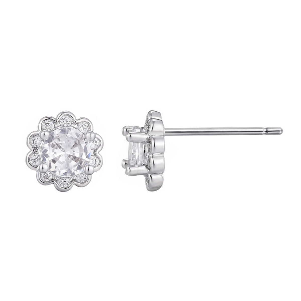 Silver Plated Floral Halo CZ Stud Earrings