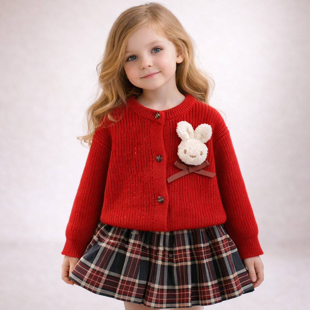 2-Piece Bunny Retro Skirt & Cardigan Set