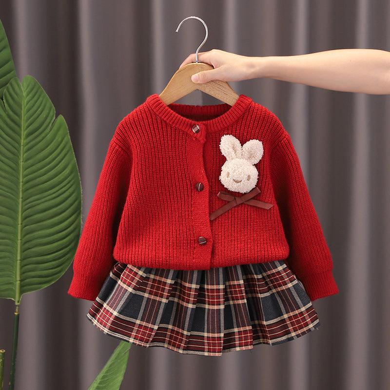 2-Piece Bunny Retro Skirt & Cardigan Set
