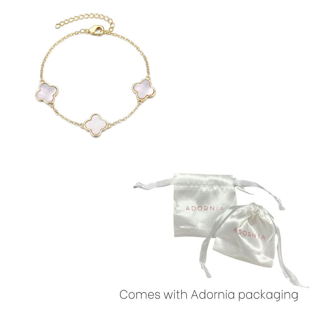 14k Yellow Gold Plated White Mother of Pearl Clover Station Bracelet