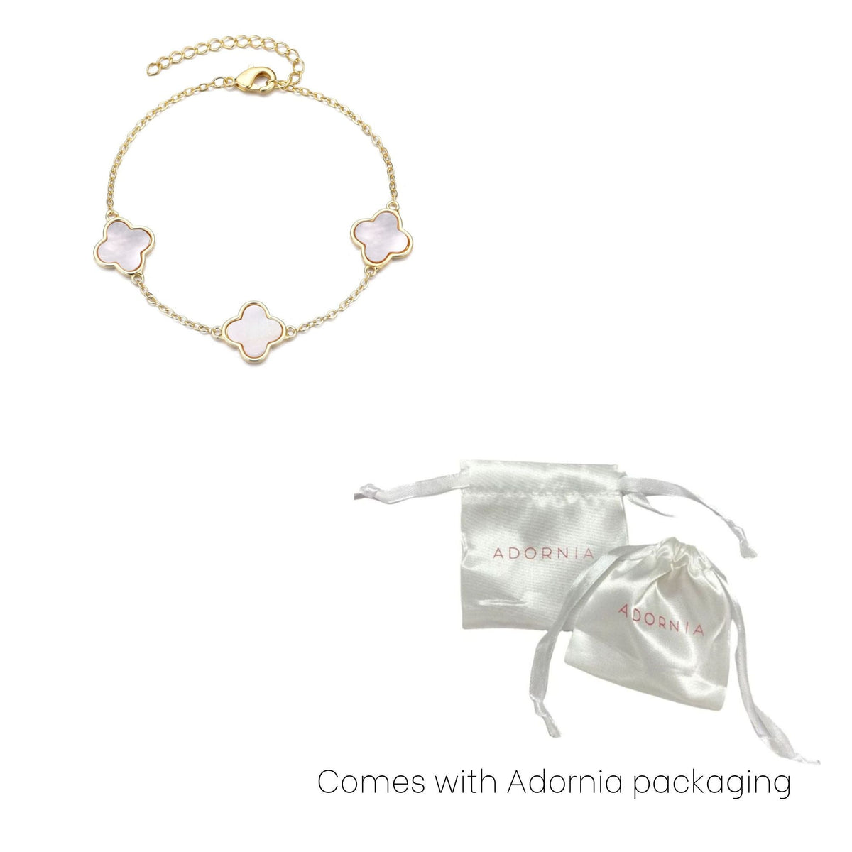 14k Yellow Gold Plated White Mother of Pearl Clover Station Bracelet