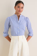Blue and White Stripe Puffed Shoulder Shirt