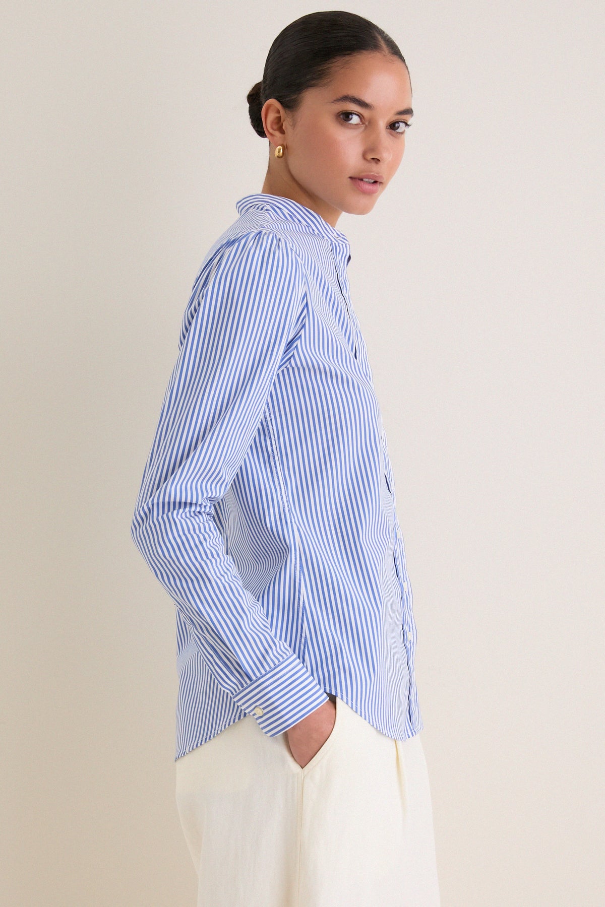 Blue and White Stripe Puffed Shoulder Shirt