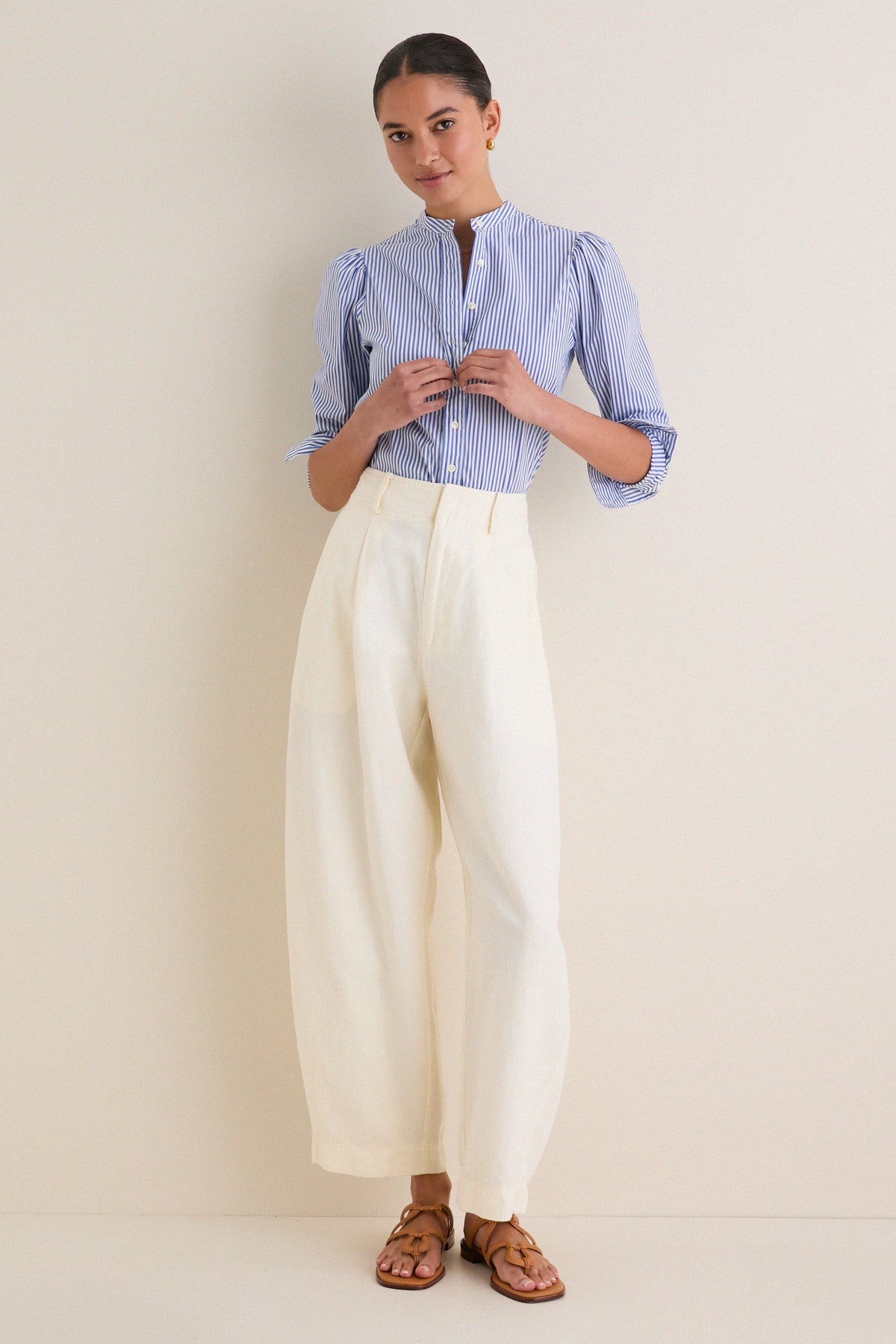 Blue and White Stripe Puffed Shoulder Shirt
