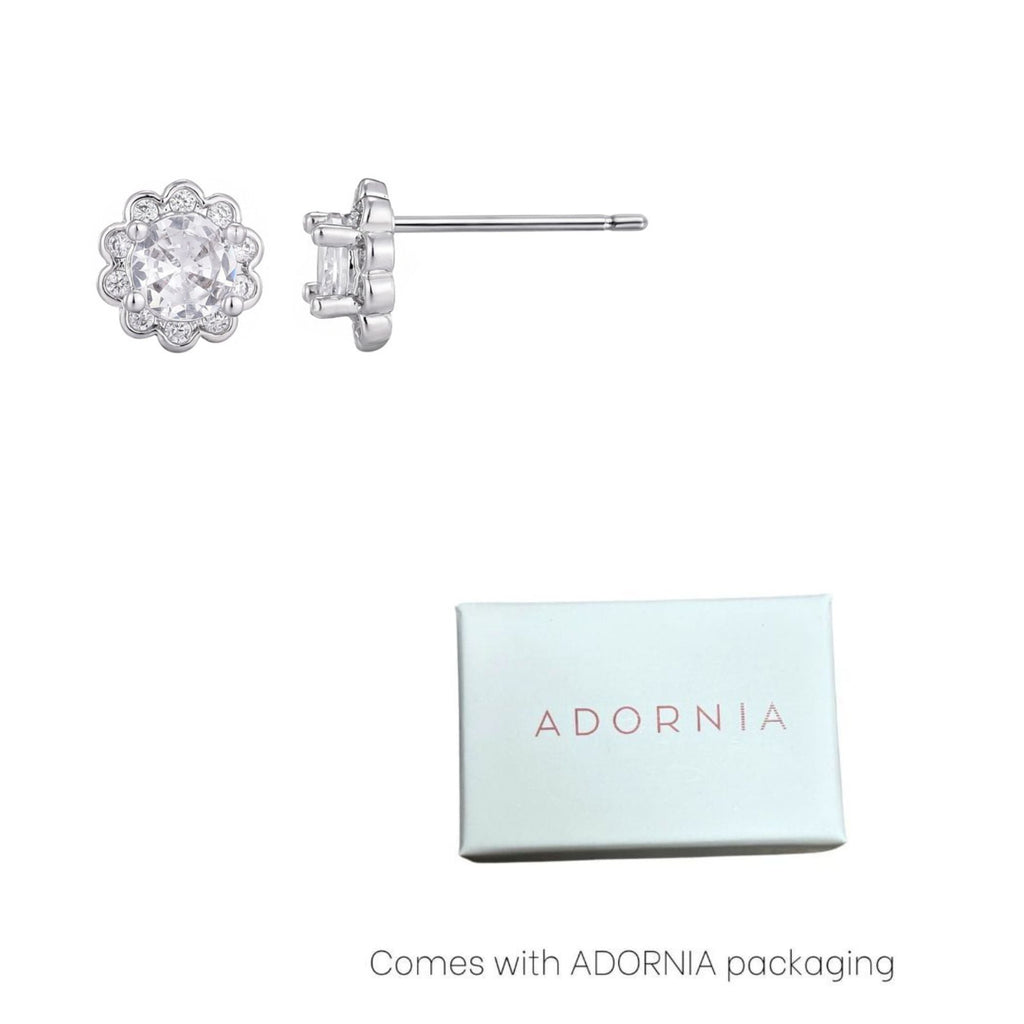 Silver Plated Floral Halo CZ Stud Earrings