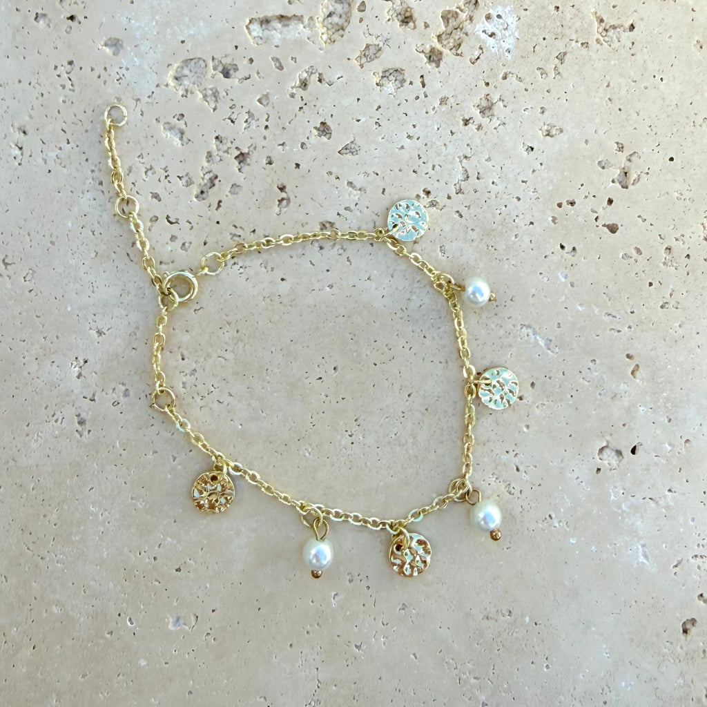 14k Gold Plated Freshwater Pearl and Coin Charm Bracelet