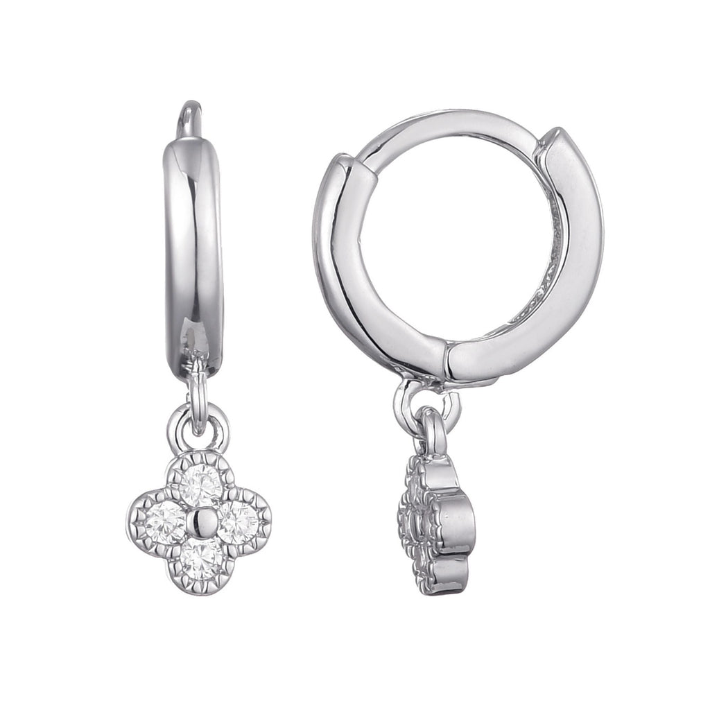 Silver Plated Extra Mini CZ Clover Dangle Huggie Earrings