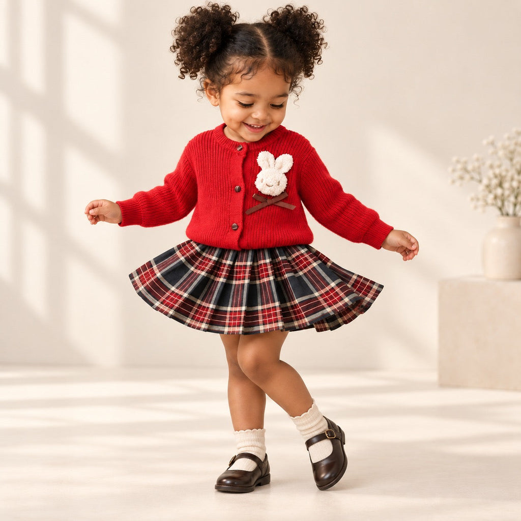 2-Piece Bunny Retro Skirt & Cardigan Set
