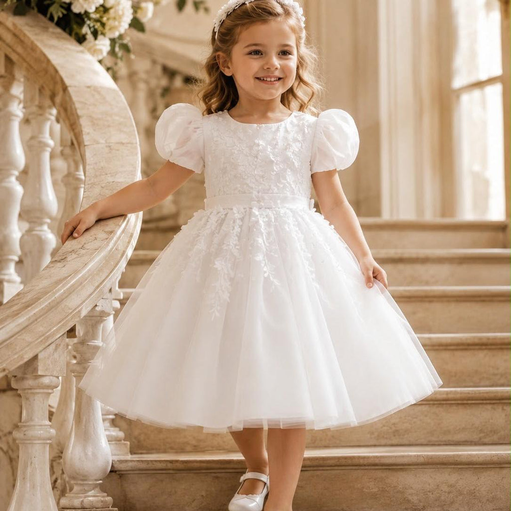 All White Tulle Flower Girl Dress with Ribbon Bow
