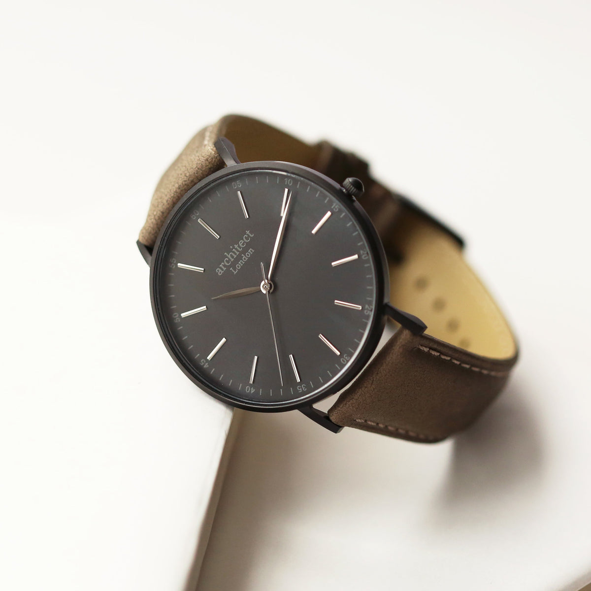 Modern Font Engraving – Men's Black Minimalist Watch with Urban Grey Strap