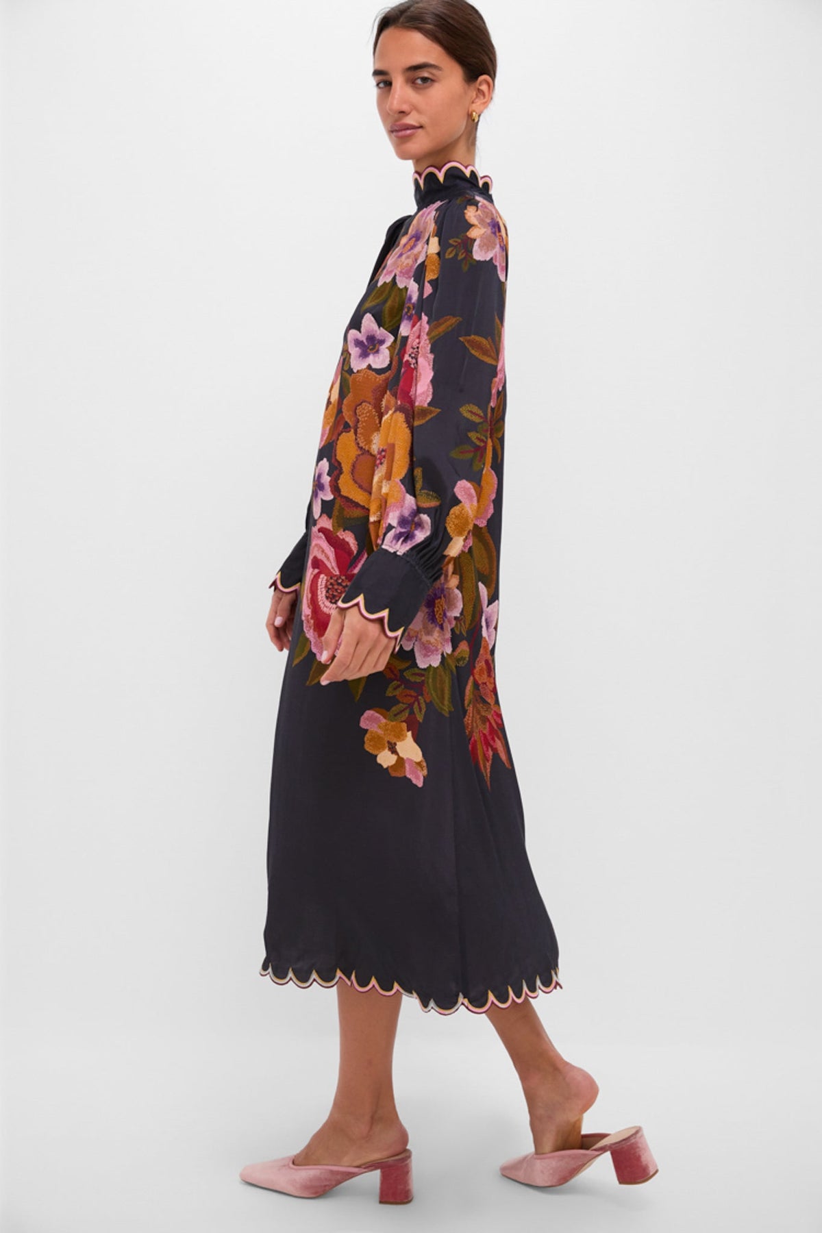 Black Chenille Flowers Midi Dress