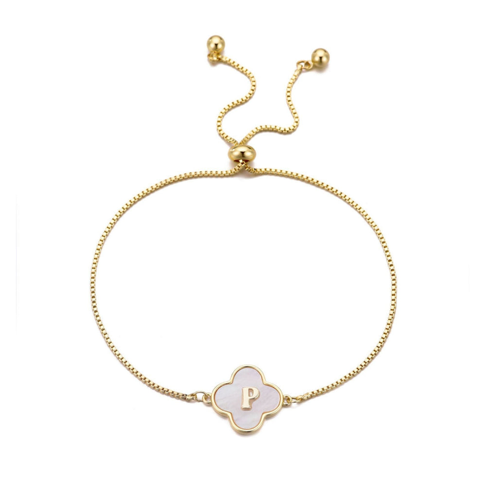 14k Gold Plated Mother of Pearl Initial Clover Bolo Bracelet