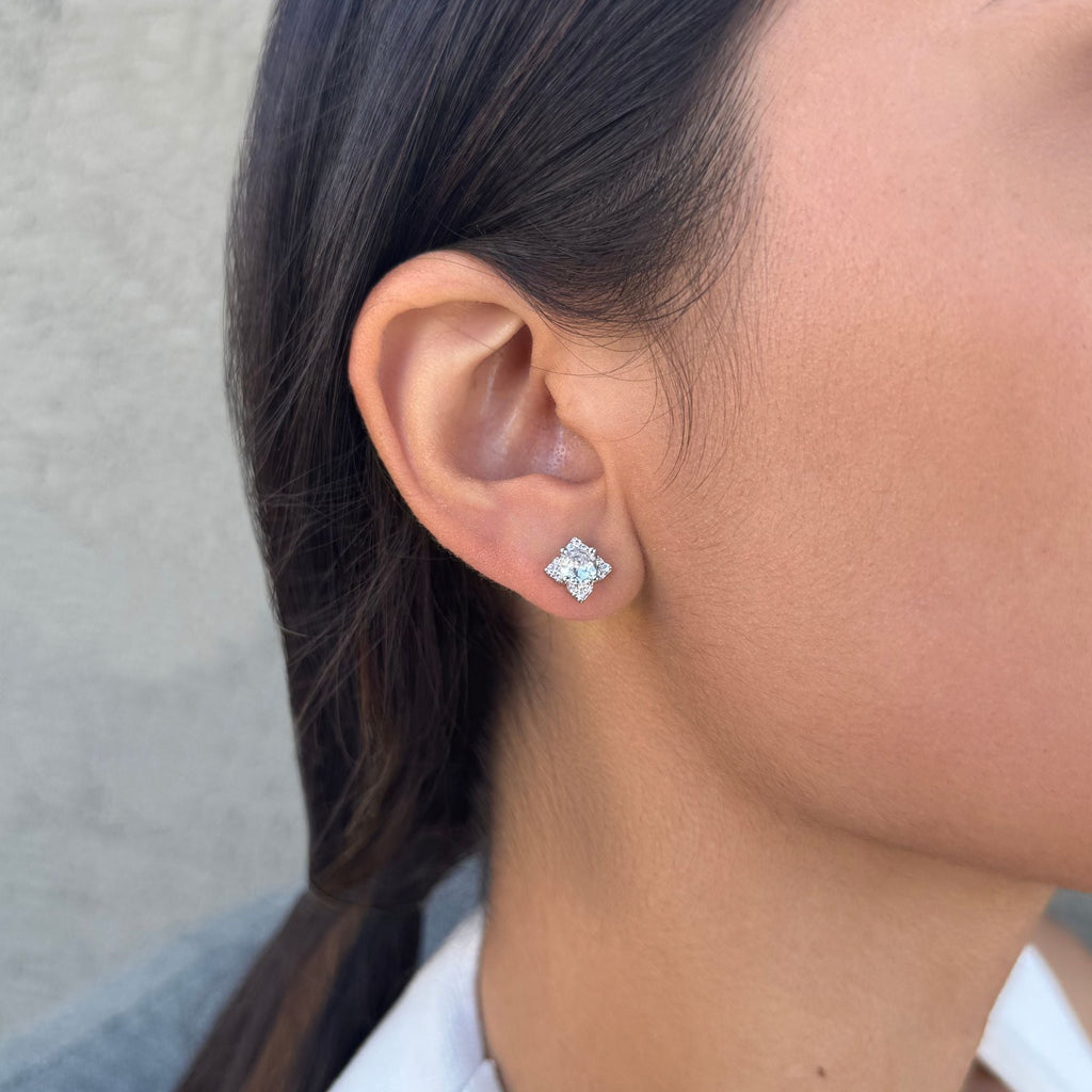 Silver Plated Flower-Shaped CZ Halo Stud Earrings