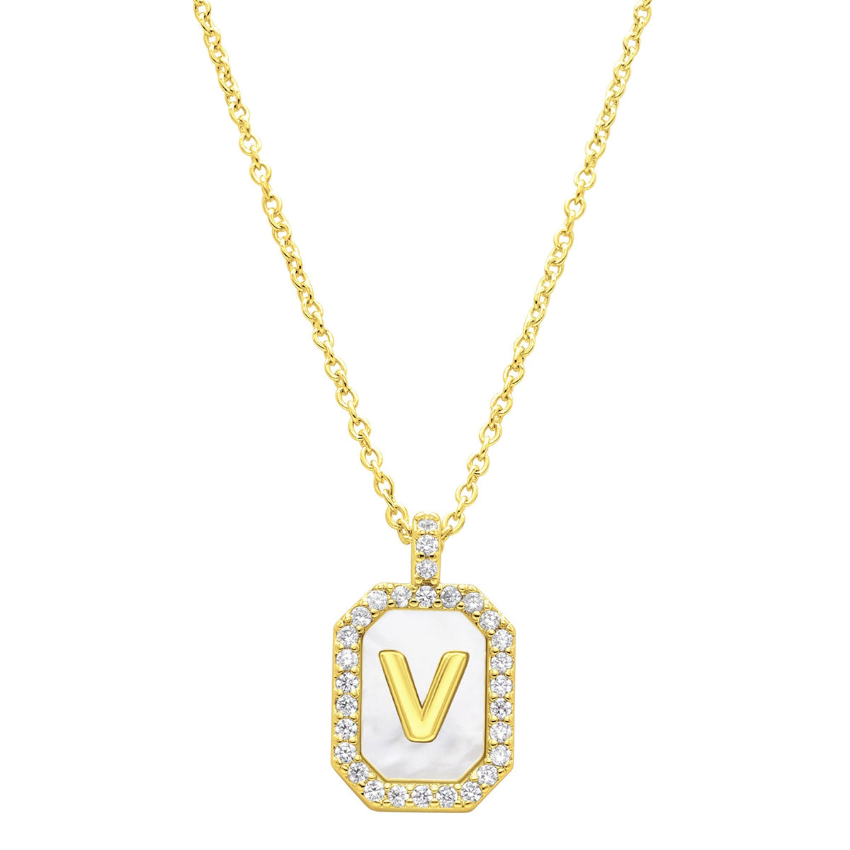 14K Gold Plated White Mother-of-Pearl Initial Tablet Necklace