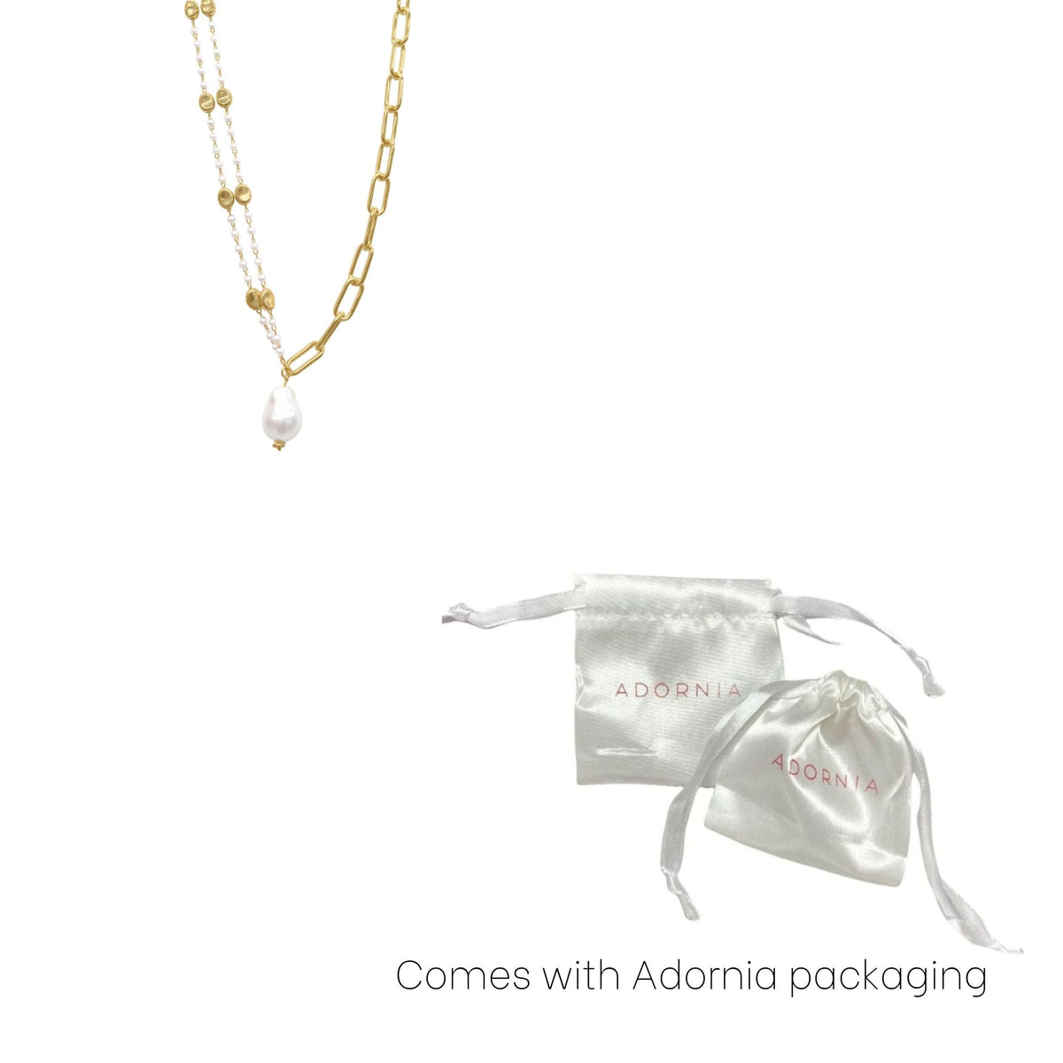 14k Gold Plated Mixed Rosary and Paper Clip Chain Necklace with Freshwater Pearl Drop