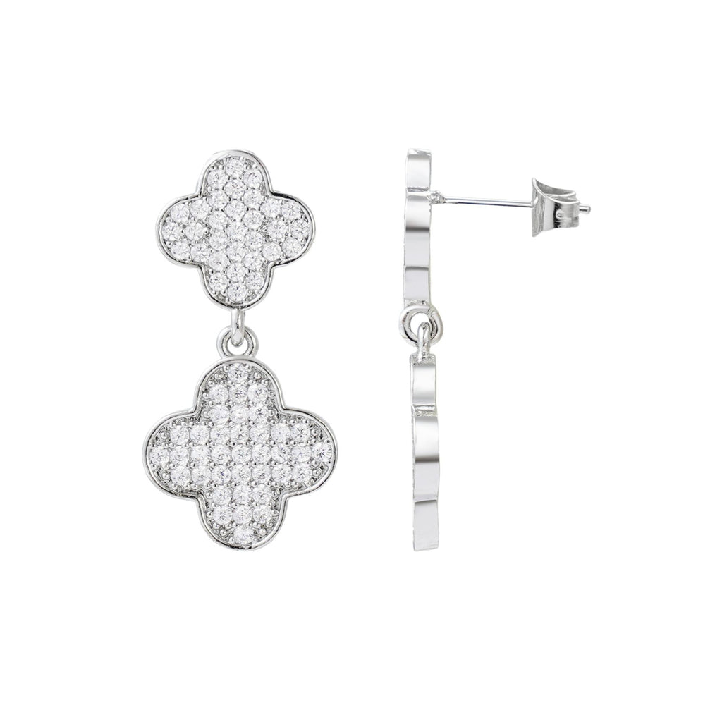 Silver Plated CZ Clover Drop Earrings