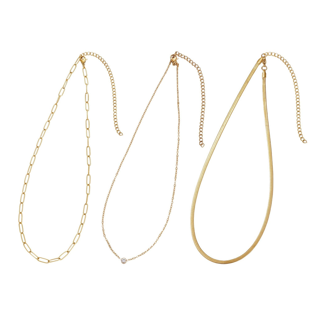 Tarnish Resistant 18k Gold Plated CZ Solitaire Pendant and 2 Chain Necklace Set