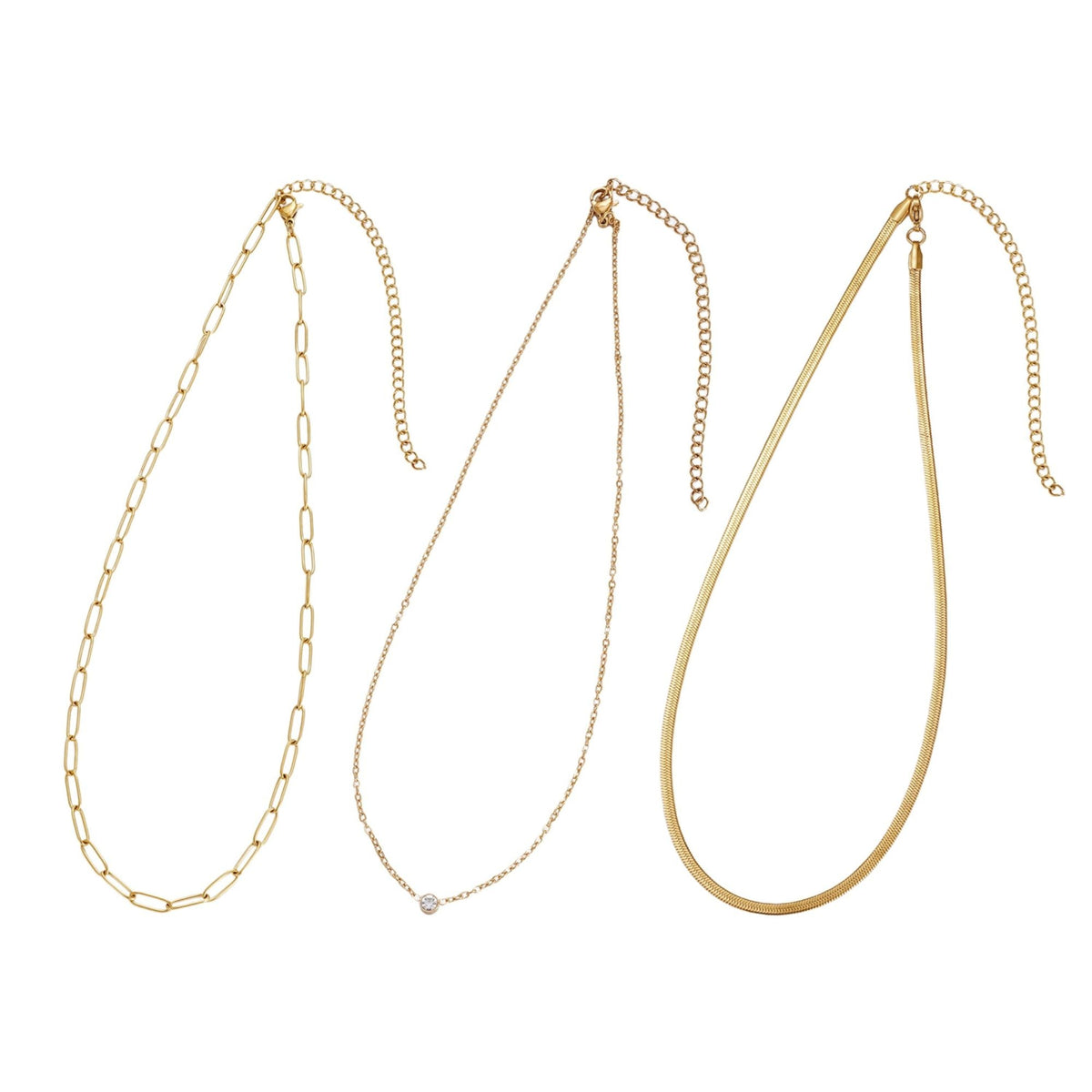 Tarnish Resistant 18k Gold Plated CZ Solitaire Pendant and 2 Chain Necklace Set