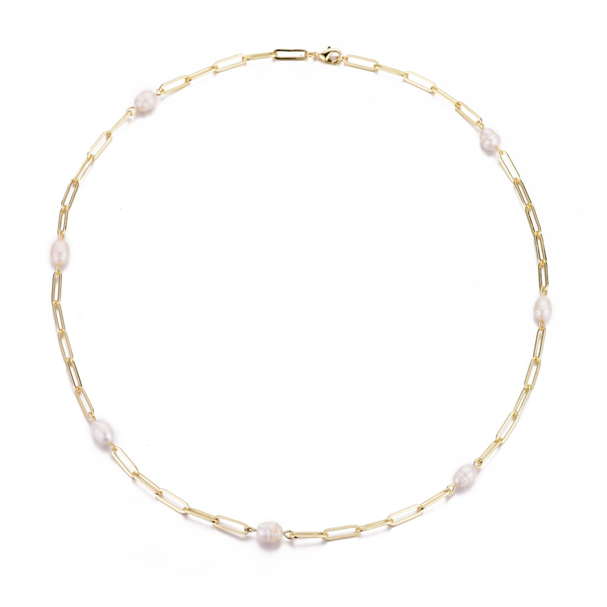 14k Gold Plated Freshwater Pearl Station Paper Clip Chain Necklace