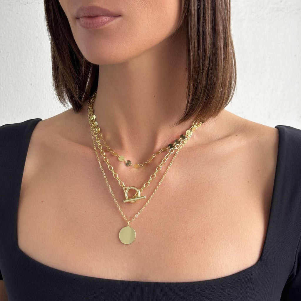 14k Gold Plated 3-Layer Toggle and Confetti Necklace