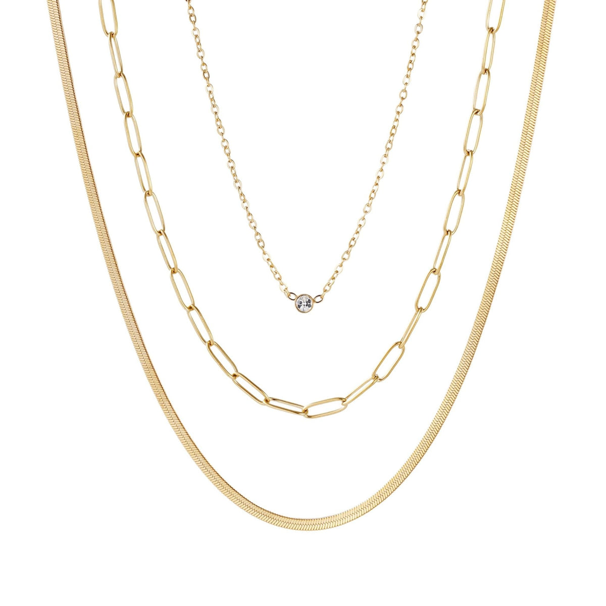 Tarnish Resistant 18k Gold Plated CZ Solitaire Pendant and 2 Chain Necklace Set