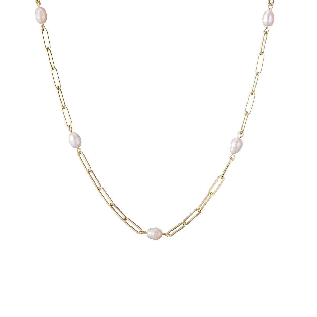 14k Gold Plated Freshwater Pearl Station Paper Clip Chain Necklace