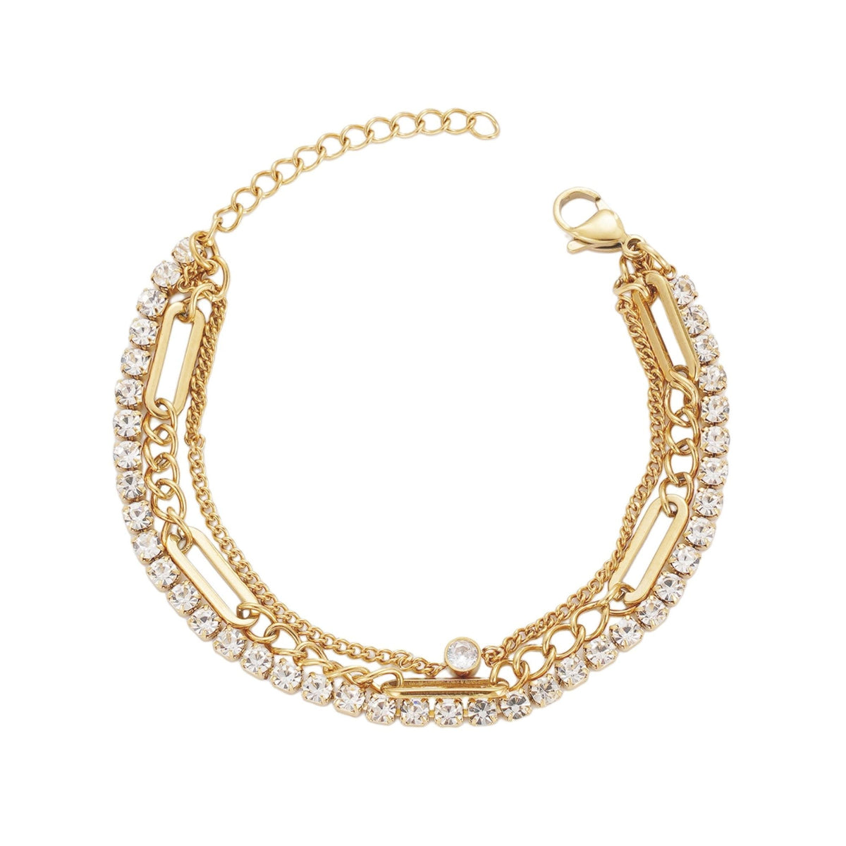 Tarnish Resistant 18k Gold Plated Layered Crystal Tennis 3-Chain Bracelet