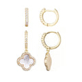 14k Gold Plated Halo White Mother of Pearl Clover CZ Huggie Set