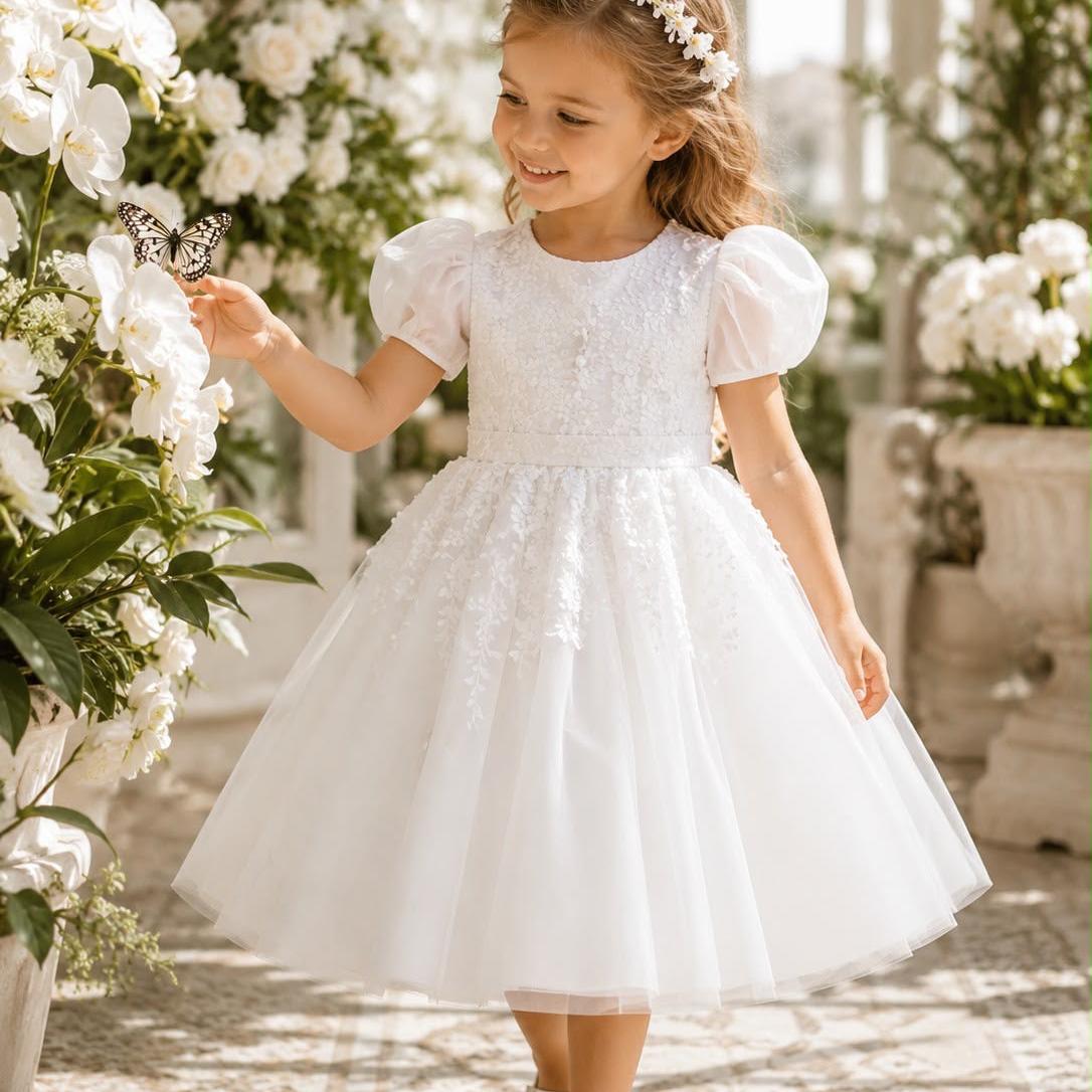 All White Tulle Flower Girl Dress with Ribbon Bow