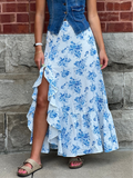High Waist Ruffle Floral Maxi Skirt with Front Slit
