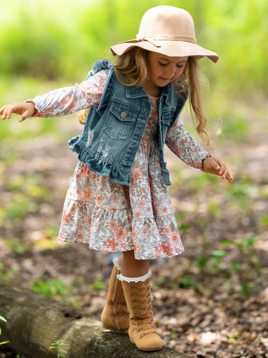 Always In Bloom Denim Vest and Floral Dress Set