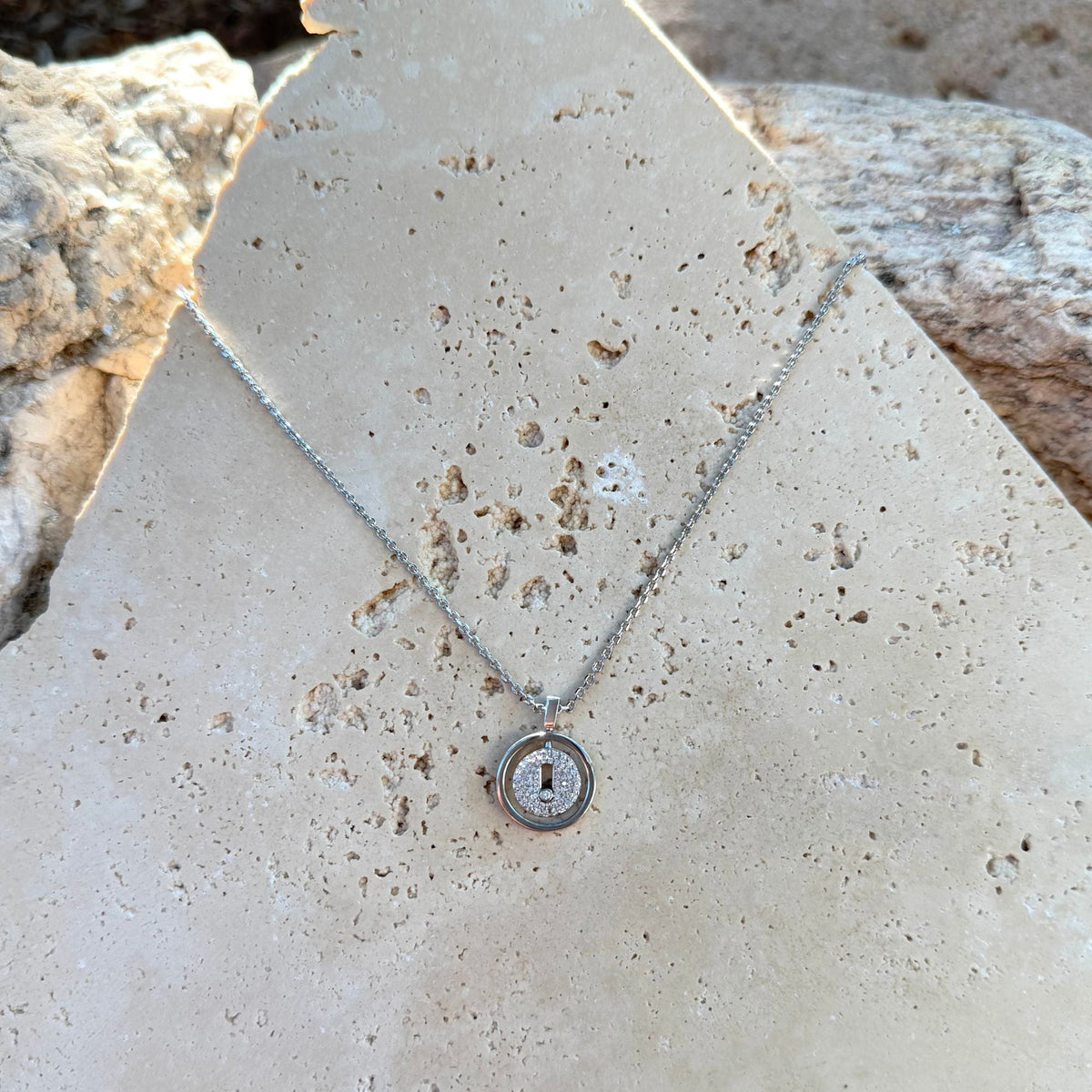 Silver Plated CZ Dancing Stone Disc Pendant Necklace