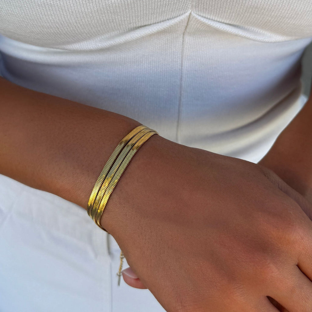 Tarnish Resistant 18k Gold Plated Multi-Strand Herringbone Chain Bracelet