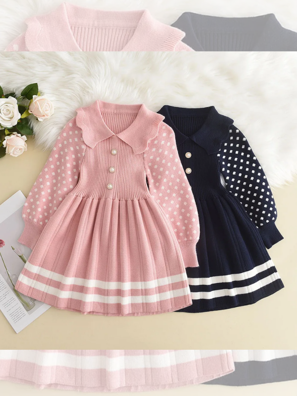 Adorable Polka Dot Sleeve Pleated Knit Dress