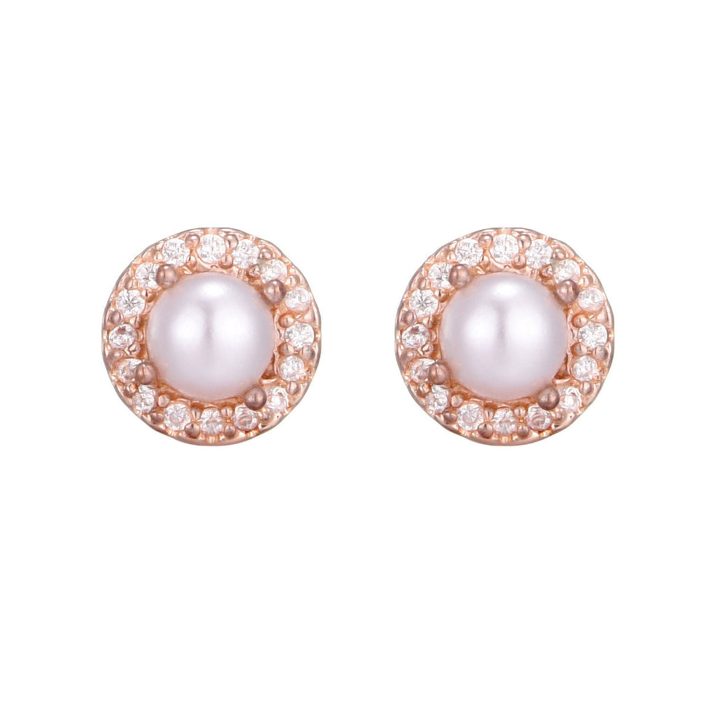 14k Rose Gold Plated Freshwater Pearl CZ Halo Stud Earrings