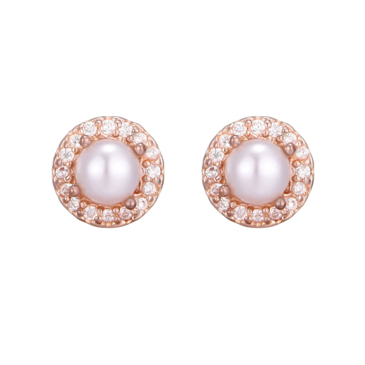 14k Rose Gold Plated Freshwater Pearl CZ Halo Stud Earrings