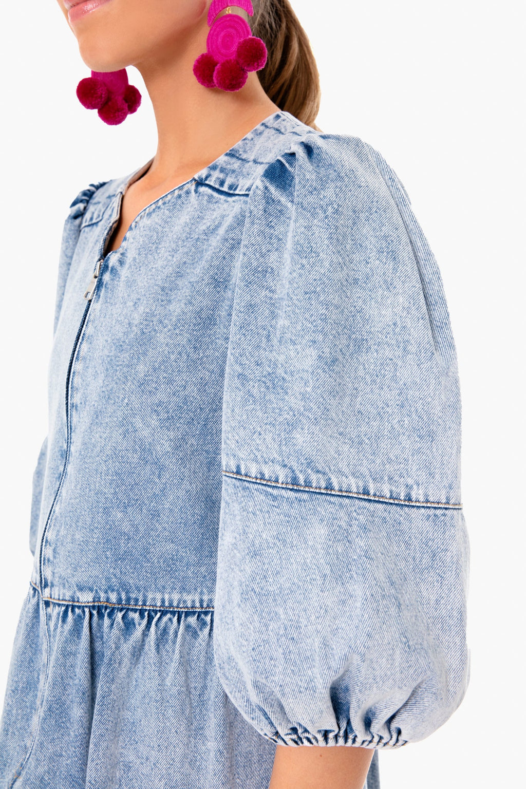 Blue Dax Acid Wash Denim Puff Sleeve Dress