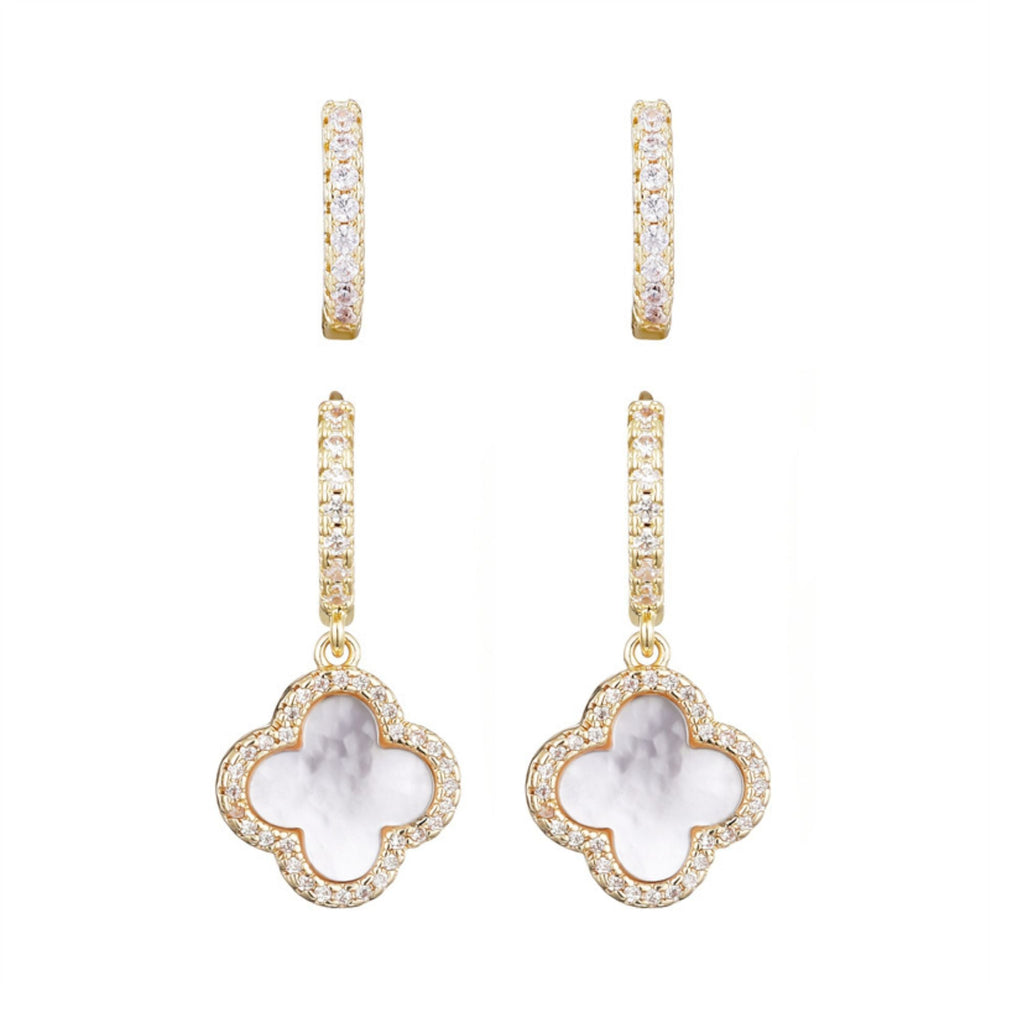14k Gold Plated Halo White Mother of Pearl Clover CZ Huggie Set