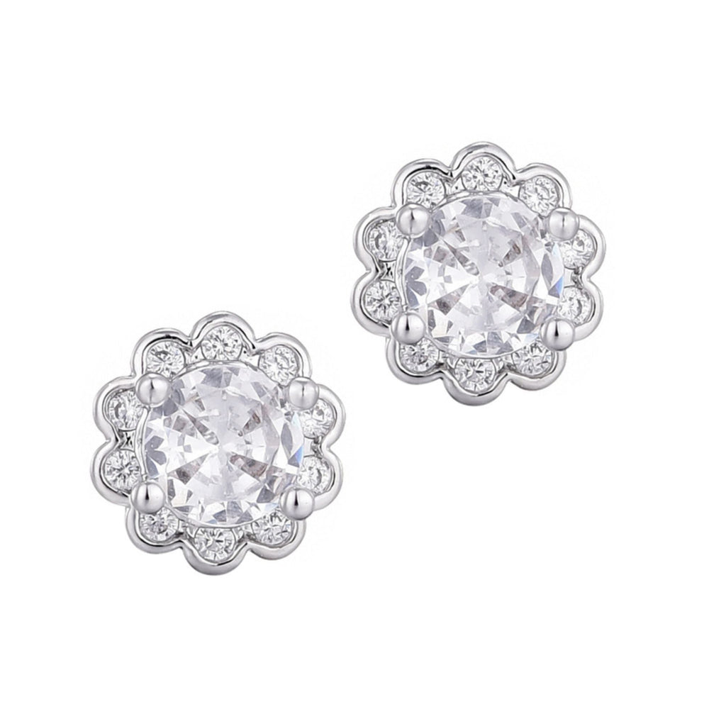 Silver Plated Floral Halo CZ Stud Earrings