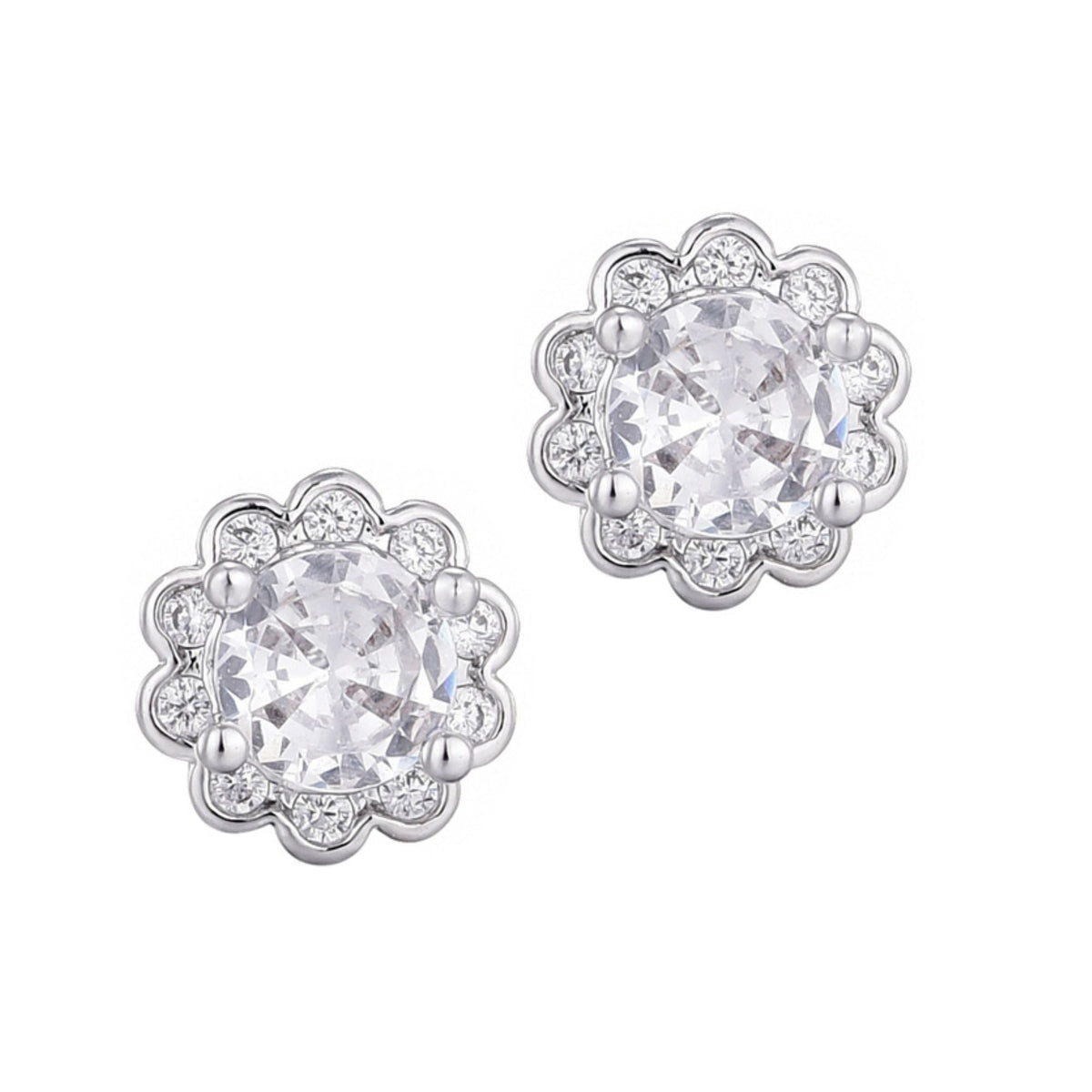 Silver Plated Floral Halo CZ Stud Earrings