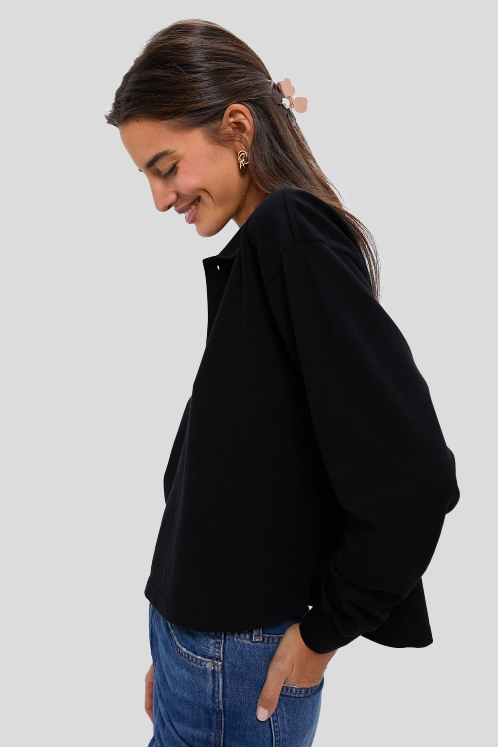 Black Long Sleeve Pique Holmes Boyfriend Polo