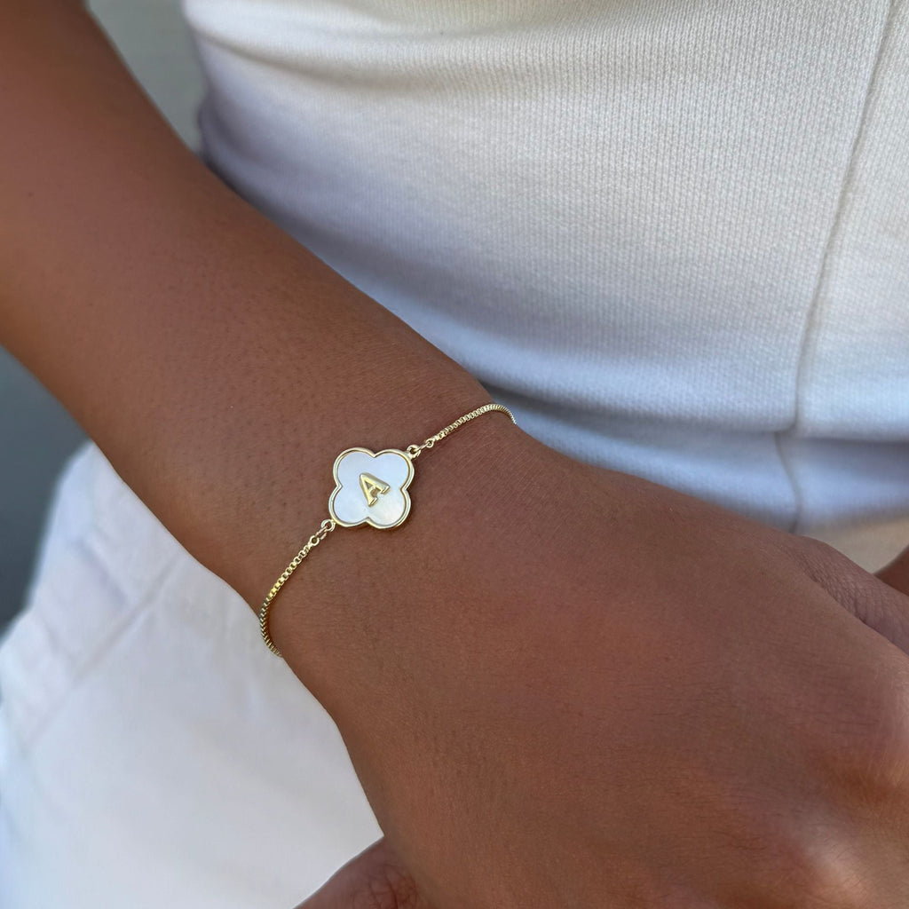 14k Gold Plated Mother of Pearl Initial Clover Bolo Bracelet