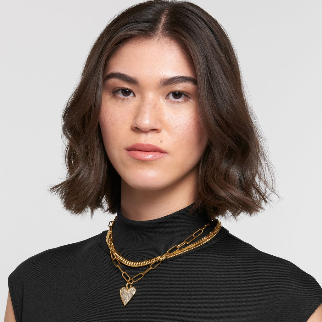 14k Gold Plated Adjustable Chunky Paperclip Link Pave Heart Necklace
